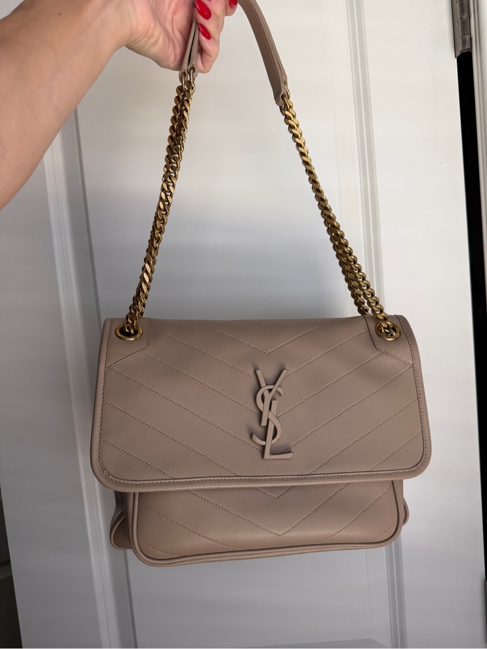 Saint Laurent (YSL) Niki Medium Chain Shoulder Bag in Taupe